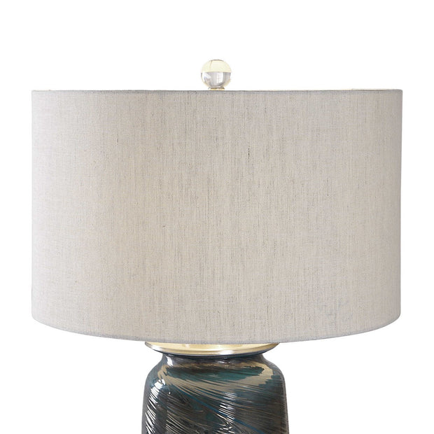 Uttermost Olesya Ocean Blue and Metallic Bronze Table Lamp With Beige Linen Shade
