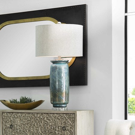 Uttermost Olesya Ocean Blue and Metallic Bronze Table Lamp With Beige Linen Shade