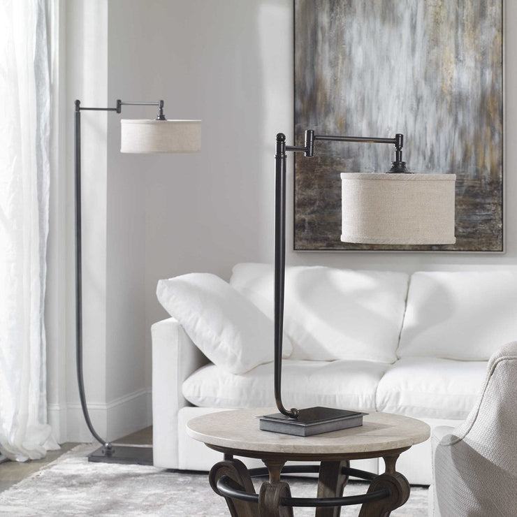Uttermost Lamine Dark Bronze Floor Lamp With Beige Linen Shade