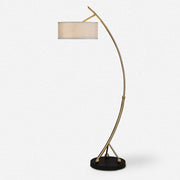 Uttermost Vardar Brushed Brass Curved Floor Lamp Beige Linen Shade