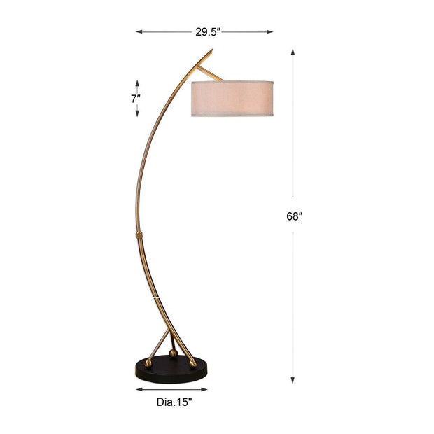 Uttermost Vardar Brushed Brass Curved Floor Lamp Beige Linen Shade