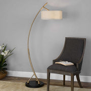 Uttermost Vardar Brushed Brass Curved Floor Lamp Beige Linen Shade
