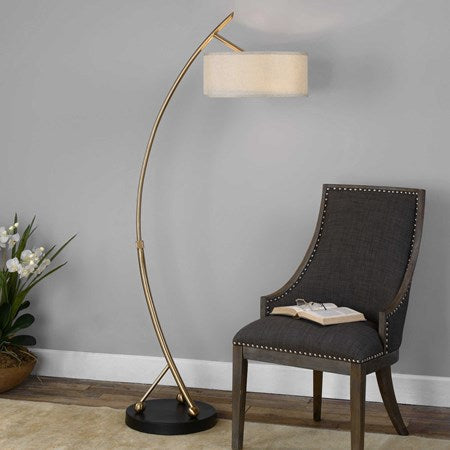 Uttermost Vardar Brushed Brass Curved Floor Lamp Beige Linen Shade