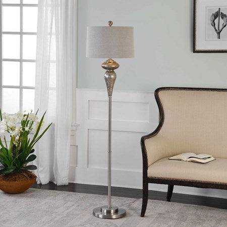 Uttermost Vercana Set of 2 Smoked Mercury Glass Floor Lamps With Beige Linen Shades