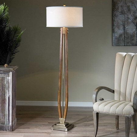 Uttermost Boydton Wood and Coffee Bronze Iron Floor Lamp With Light Beige Linen Shade