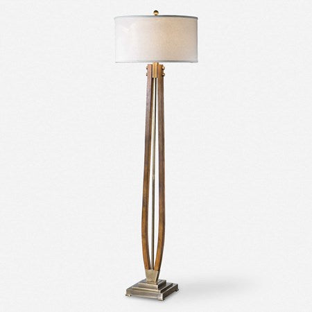 Uttermost Boydton Wood and Coffee Bronze Iron Floor Lamp With Light Beige Linen Shade
