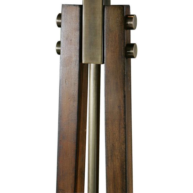 Uttermost Boydton Wood and Coffee Bronze Iron Floor Lamp With Light Beige Linen Shade