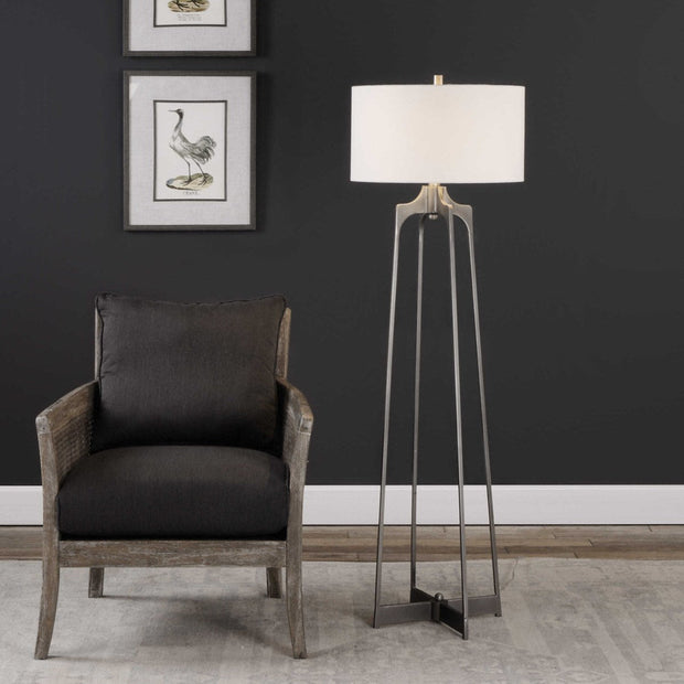 Uttermost Adrian Aged Gun Metal Forged Steel Floor Lamp With White Linen Drum Shade