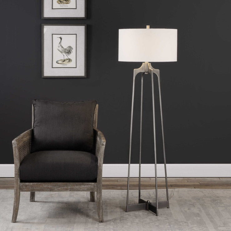 Uttermost Adrian Aged Gun Metal Forged Steel Floor Lamp With White Linen Drum Shade