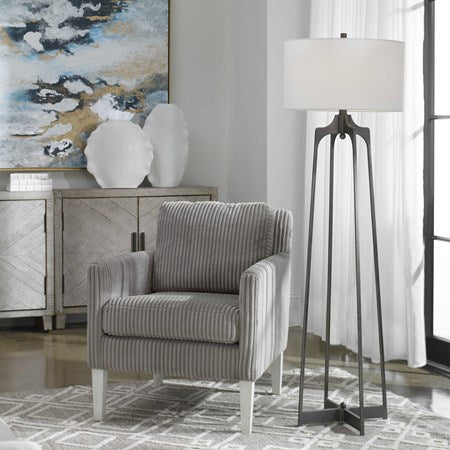 Uttermost Adrian Aged Gun Metal Forged Steel Floor Lamp With White Linen Drum Shade
