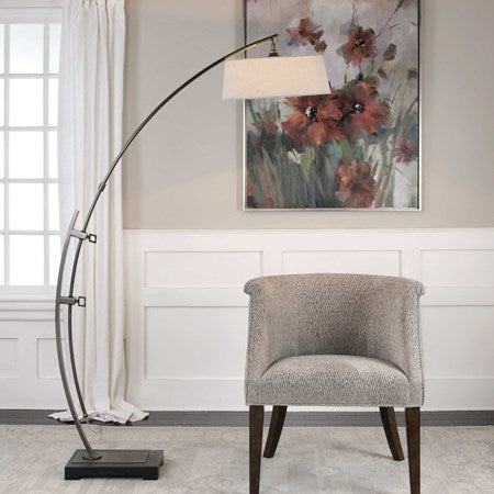 Uttermost Calogero Dark Bronze Arc Floor Lamp With Light Beige Linen Shade