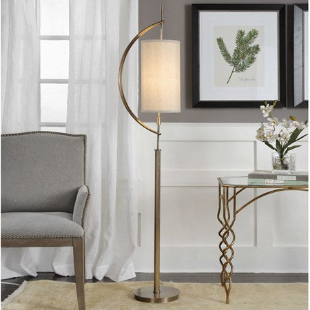 Uttermost Balaour Antique Brass Floor Lamp With Light Beige Linen Shade