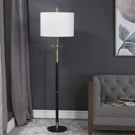 Uttermost Maud Aged Black and Antique Brass Floor Lamp With White Linen Shade