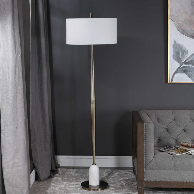 Uttermost Minette Antiqued Brass and White Marble Floor Lamp With Linen Shade