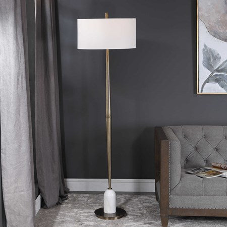 Uttermost Minette Antiqued Brass and White Marble Floor Lamp With Linen Shade