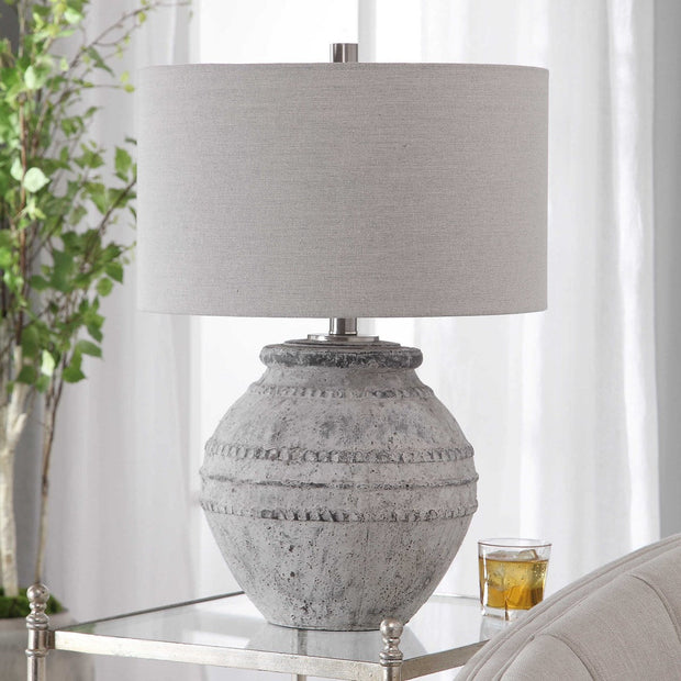 Uttermost Montsant Ivory Stone and Aged Gray Ceramic Table Lamp With Linen Shade