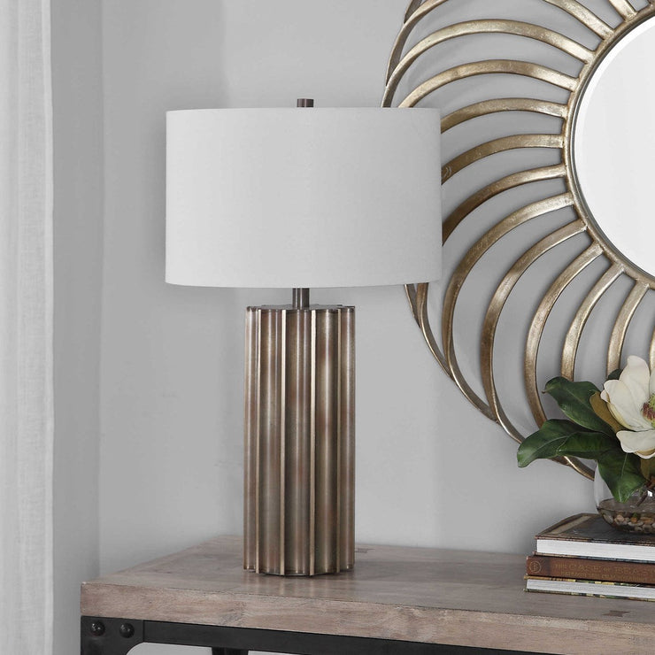 Uttermost Khalio Aged Gunmetal Fluted Table Lamp With White Linen Shade