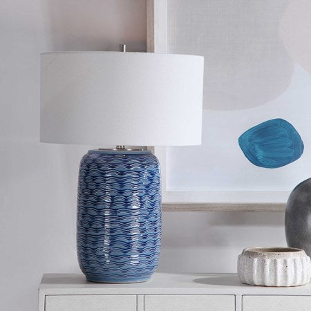 Uttermost Sedna Blue Ceramic Table Lamp With White Linen Shade