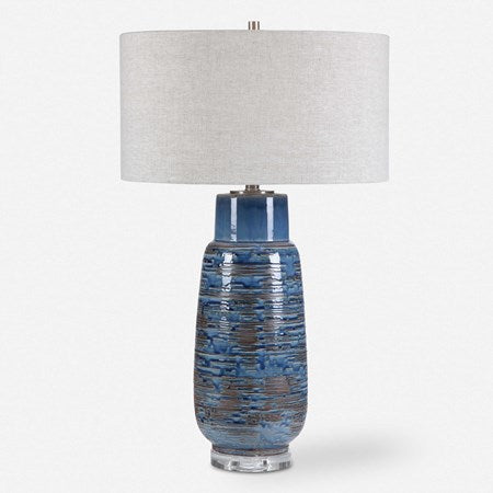 Uttermost Magellan Indigo Blue Glazed Ceramic Table Lamp With Linen Shade