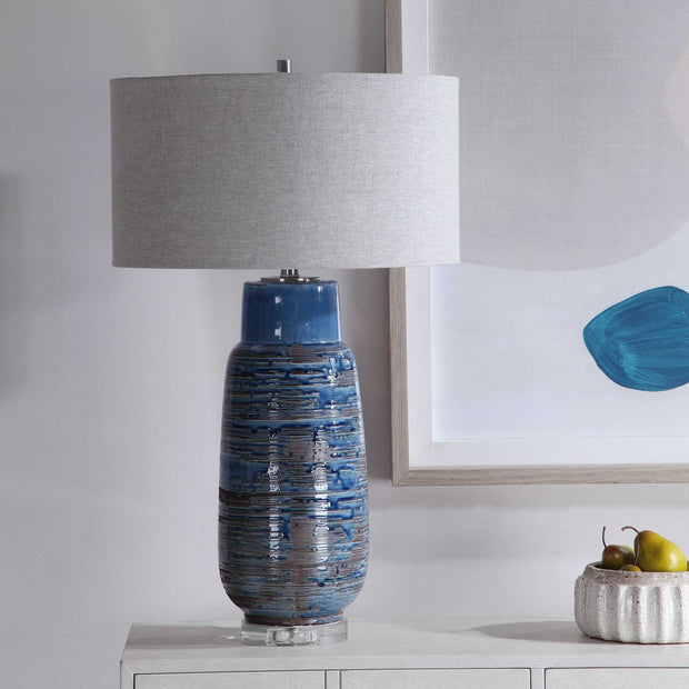 Uttermost Magellan Indigo Blue Glazed Ceramic Table Lamp With Linen Shade