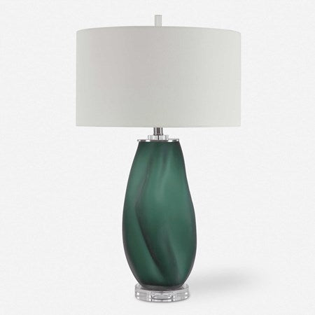 Uttermost Esmeralda Frosted Emerald Green Glass Table Lamp With White Linen Fabric