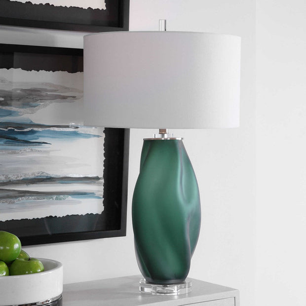 Uttermost Esmeralda Frosted Emerald Green Glass Table Lamp With White Linen Fabric