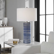 Uttermost Montauk White and Indigo Blue Striped Ceramic Table Lamp With Linen Shade