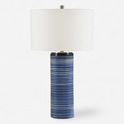 Uttermost Montauk White and Indigo Blue Striped Ceramic Table Lamp With Linen Shade