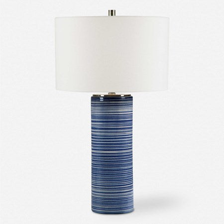 Uttermost Montauk White and Indigo Blue Striped Ceramic Table Lamp With Linen Shade