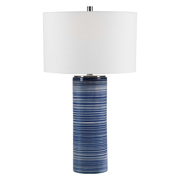 Uttermost Montauk White and Indigo Blue Striped Ceramic Table Lamp With Linen Shade