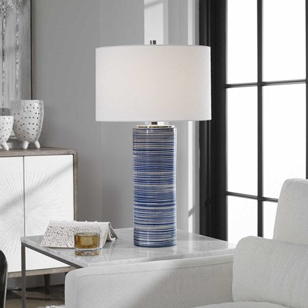 Uttermost Montauk White and Indigo Blue Striped Ceramic Table Lamp With Linen Shade