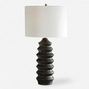 Uttermost Mendocino Black Carved Wood Table Lamp With White Linen Shade