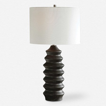 Uttermost Mendocino Black Carved Wood Table Lamp With White Linen Shade