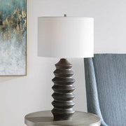 Uttermost Mendocino Black Carved Wood Table Lamp With White Linen Shade