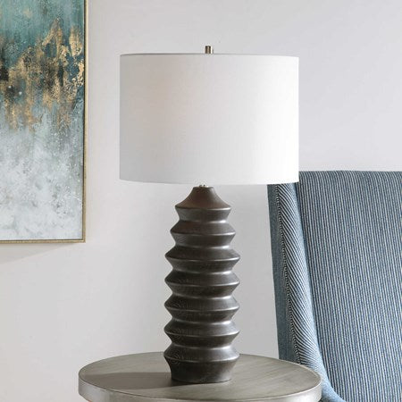 Uttermost Mendocino Black Carved Wood Table Lamp With White Linen Shade