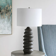 Uttermost Mendocino Black Carved Wood Table Lamp With White Linen Shade