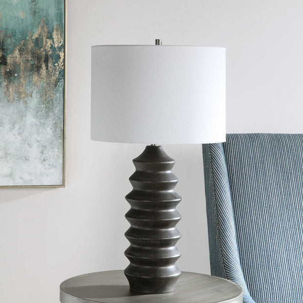Uttermost Mendocino Black Carved Wood Table Lamp With White Linen Shade