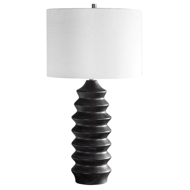 Uttermost Mendocino Black Carved Wood Table Lamp With White Linen Shade