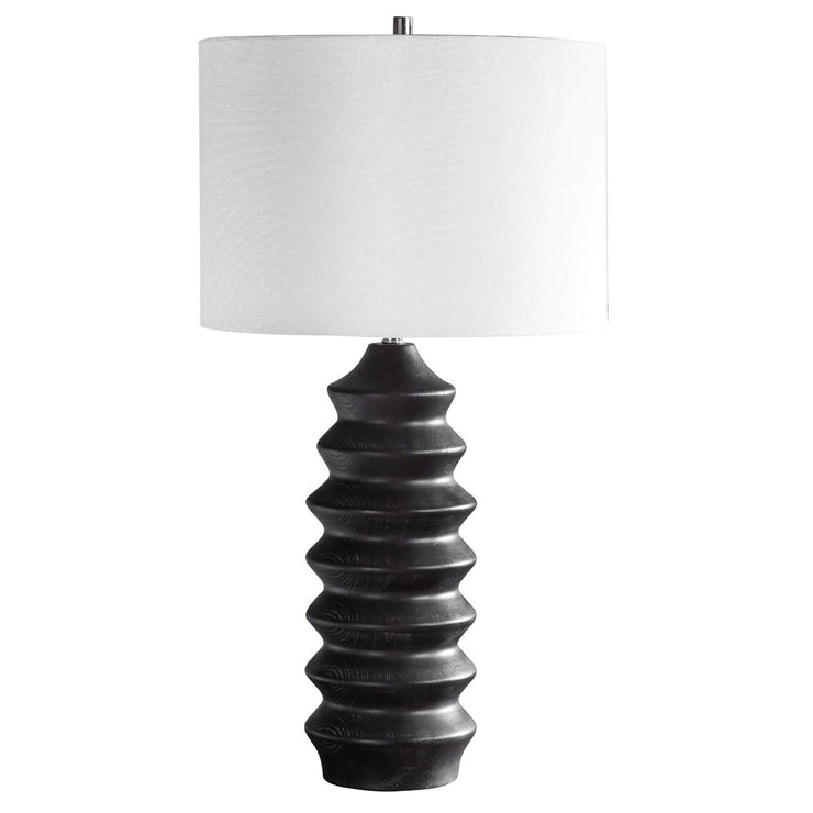 Uttermost Mendocino Black Carved Wood Table Lamp With White Linen Shade