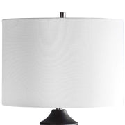 Uttermost Mendocino Black Carved Wood Table Lamp With White Linen Shade