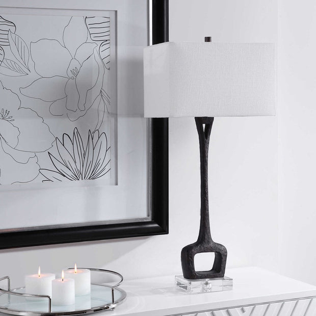 Uttermost Darbie Aged Black Iron Modern Table Lamp With White Linen Shade
