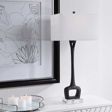 Uttermost Darbie Aged Black Iron Modern Table Lamp With White Linen Shade