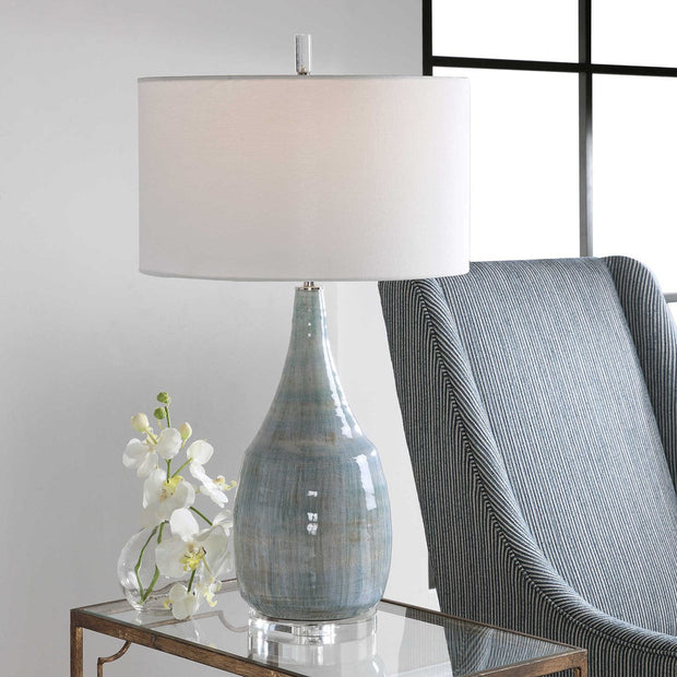 Uttermost Rialta Aqua Crackled Glaze Ceramic Table Lamp With White Linen