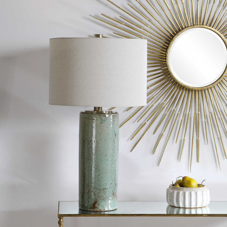 Uttermost Callais Crackled Aqua Blue Glaze Ceramic Table Lamp With Light Beige Linen Shade
