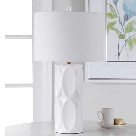 Uttermost Sinclair Glossy White Glaze Ceramic Table Lamp With Linen Shade