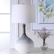 Uttermost Eichler Cream, Light Blue and Indigo Ceramic Table Lamp With Linen Shade