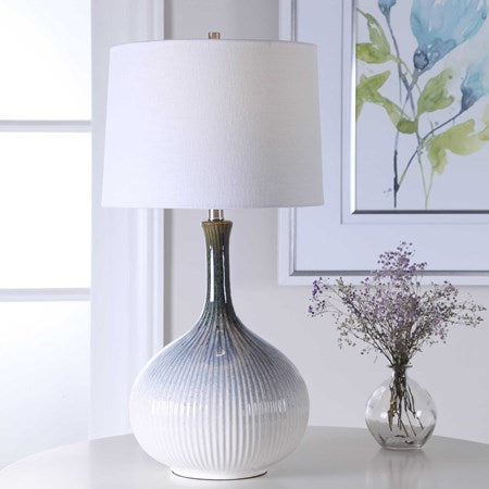 Uttermost Eichler Cream, Light Blue and Indigo Ceramic Table Lamp With Linen Shade