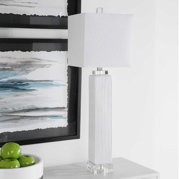 Uttermost Bennett Gloss White Glaze Crystal Buffet Lamp With Linen Shade