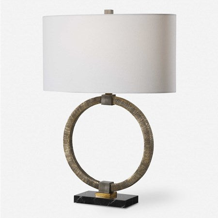 Uttermost Relic Antiqued Gold and Dark Bronze Table Lamp With White Linen Shade