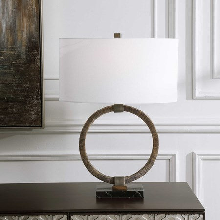Uttermost Relic Antiqued Gold and Dark Bronze Table Lamp With White Linen Shade